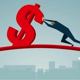 a man pushing a dollar sign from one computer to another