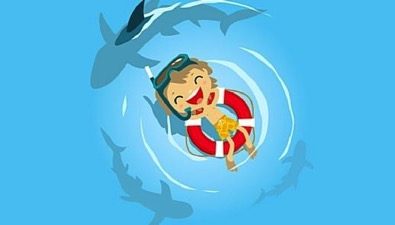 cartoon boy on lifeboat with sharks circling under him